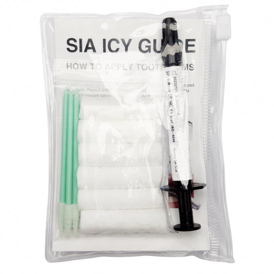 Sia icy tooth gem glue with 6 cotton rolls, 3 clean-up swabs and instruction. Packaged in a transparent zip lock bag.